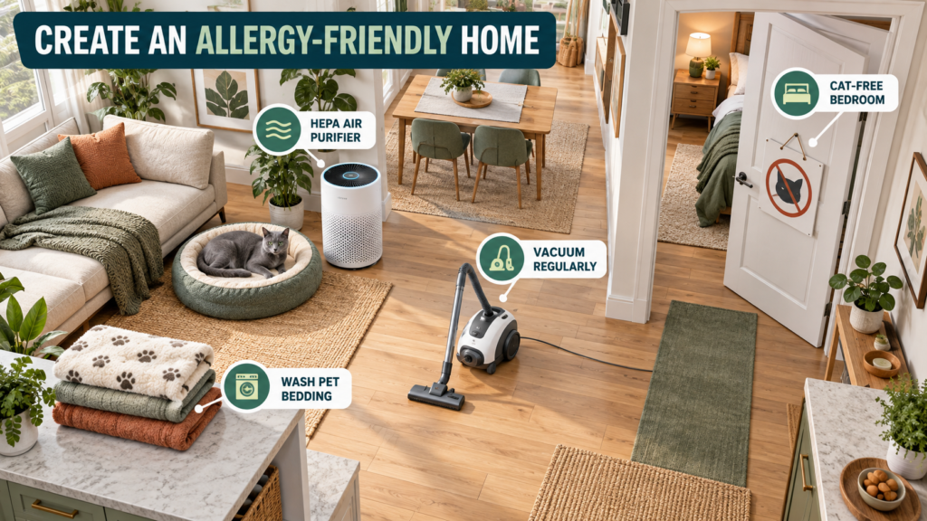 Allergy-friendly home with a HEPA air purifier, vacuum cleaner, washable cat bedding, hard flooring, and a cat-free bedroom.