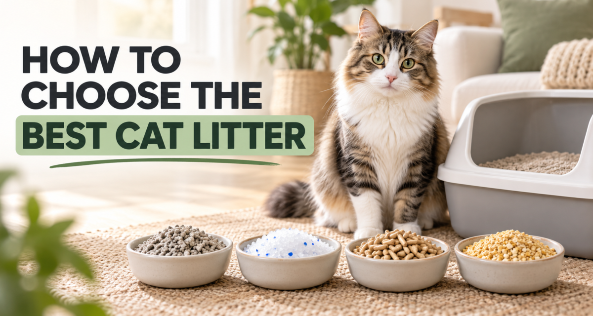 How to Choose the Best Cat Litter Cat sitting beside a litter box with clay, crystal, wood pellet, and natural cat litter options