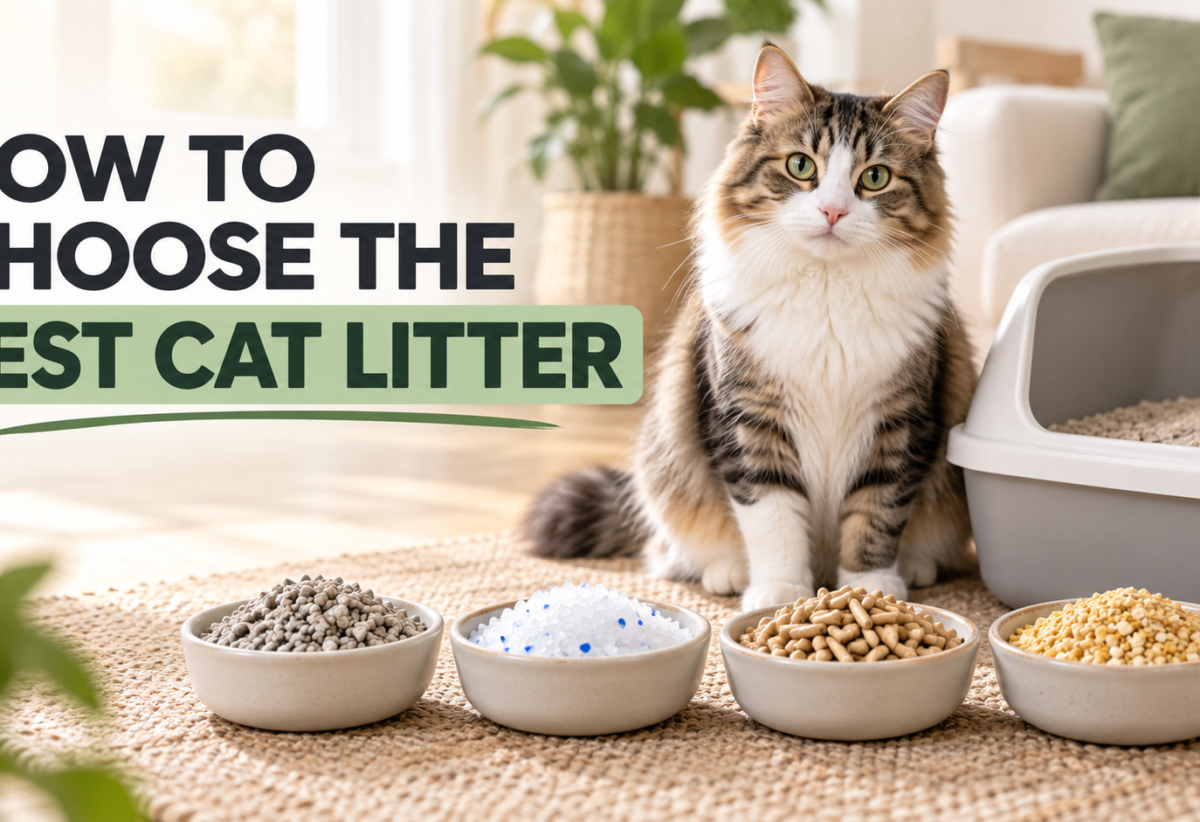 Cat sitting beside a litter box with clay, crystal, wood pellet, and natural cat litter options