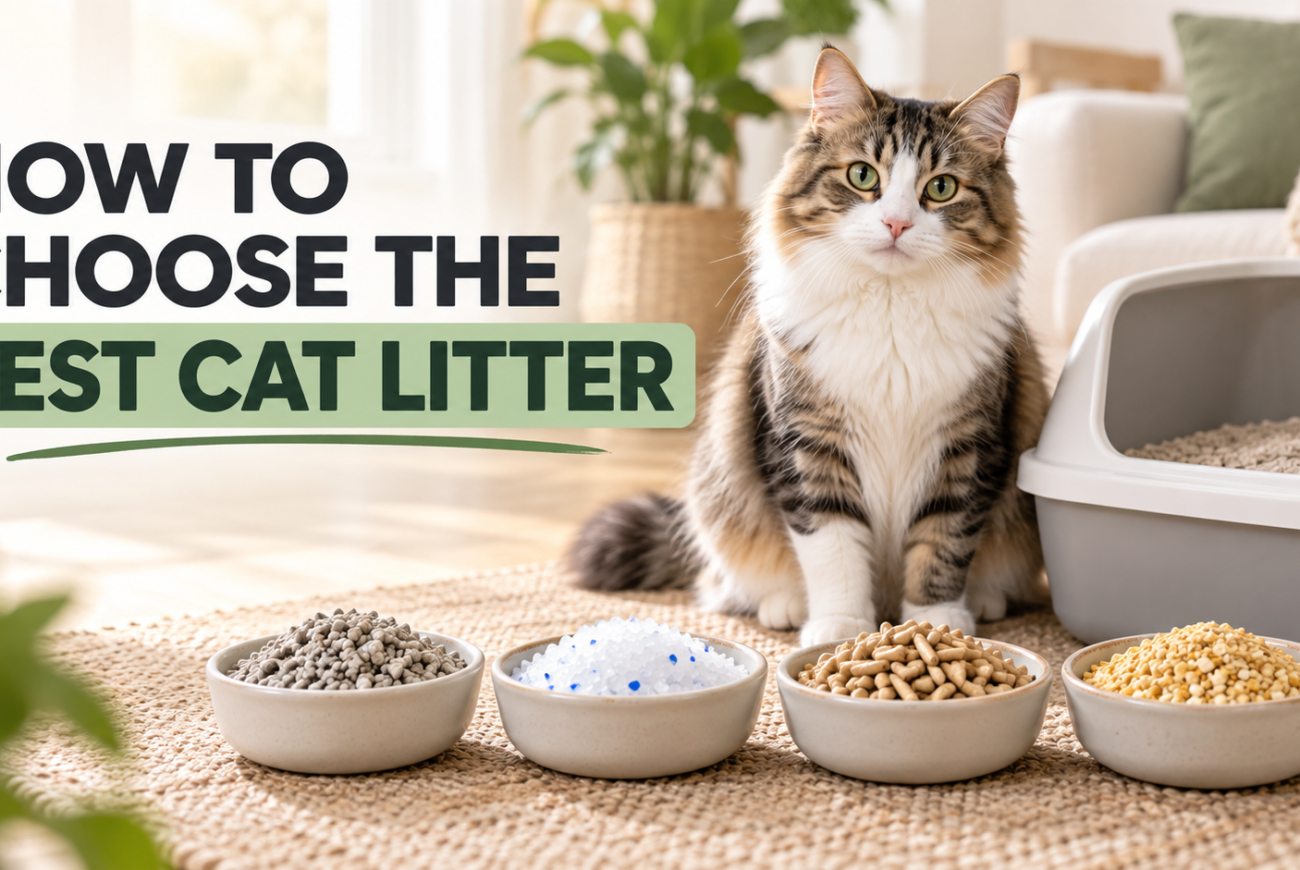 Cat sitting beside a litter box with clay, crystal, wood pellet, and natural cat litter options