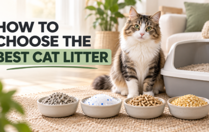How to Choose the Best Cat Litter Cat sitting beside a litter box with clay, crystal, wood pellet, and natural cat litter options
