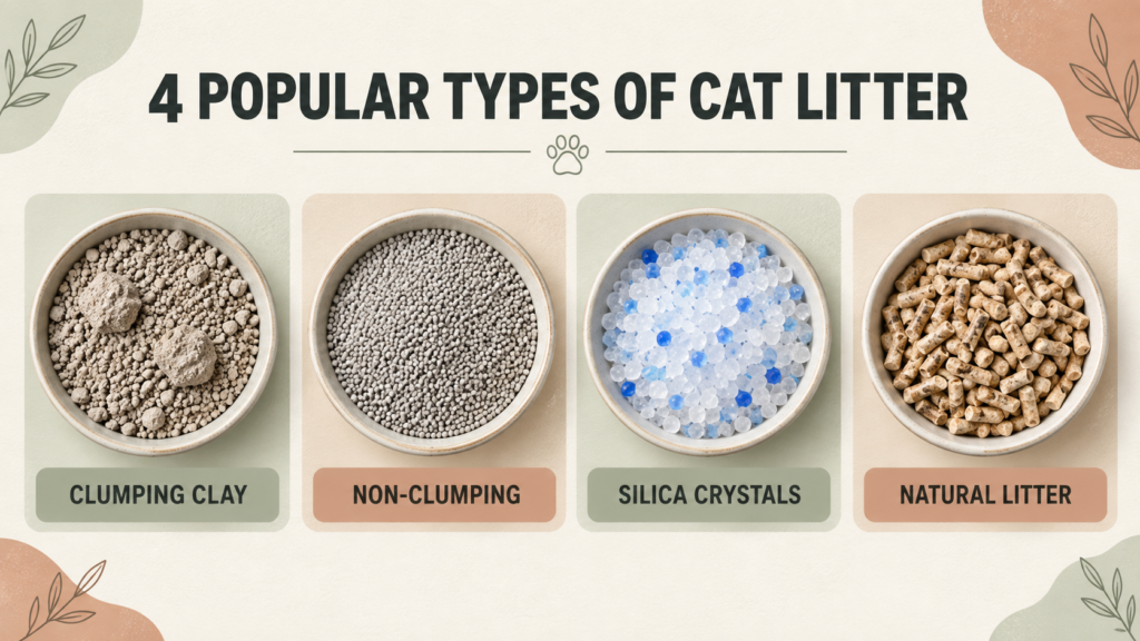 Comparison of four popular cat litter types: clumping clay, non-clumping, silica crystals, and natural litter