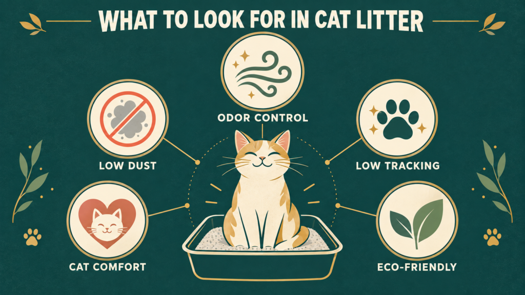 Five important cat litter features: odor control, low dust, low tracking, cat comfort, and eco-friendly materials