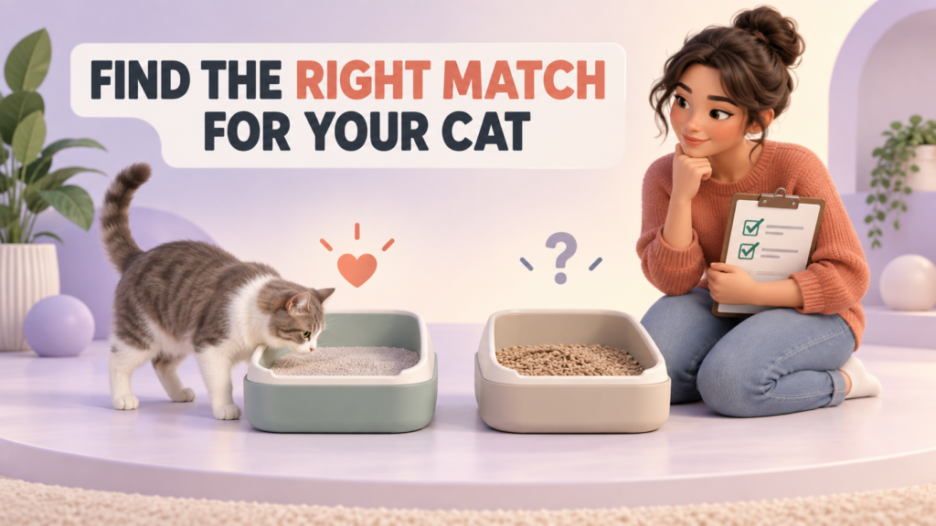 Cat owner testing two litter options to find the right cat litter based on her cat’s preference