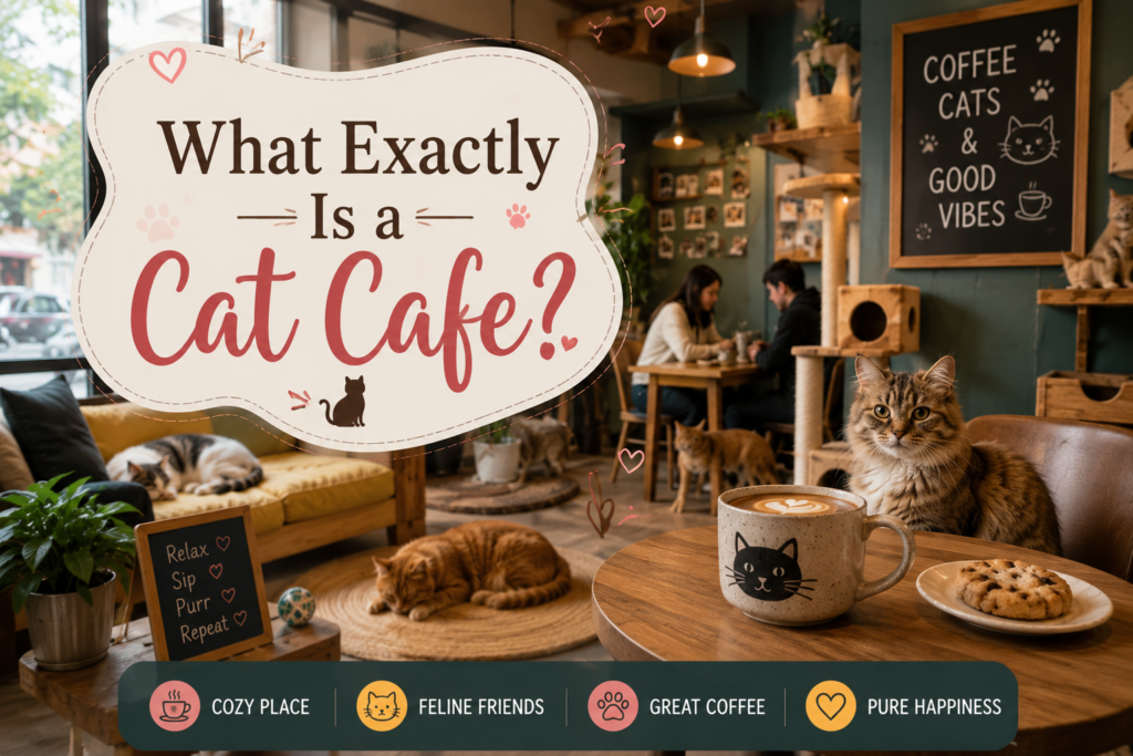 Cozy cat cafe interior with friendly cats, coffee, comfortable seating, and cat-themed decor