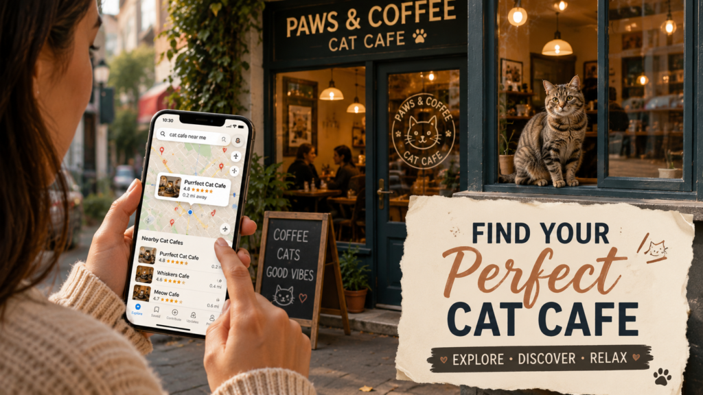 Person using a smartphone map to find a nearby cat cafe
