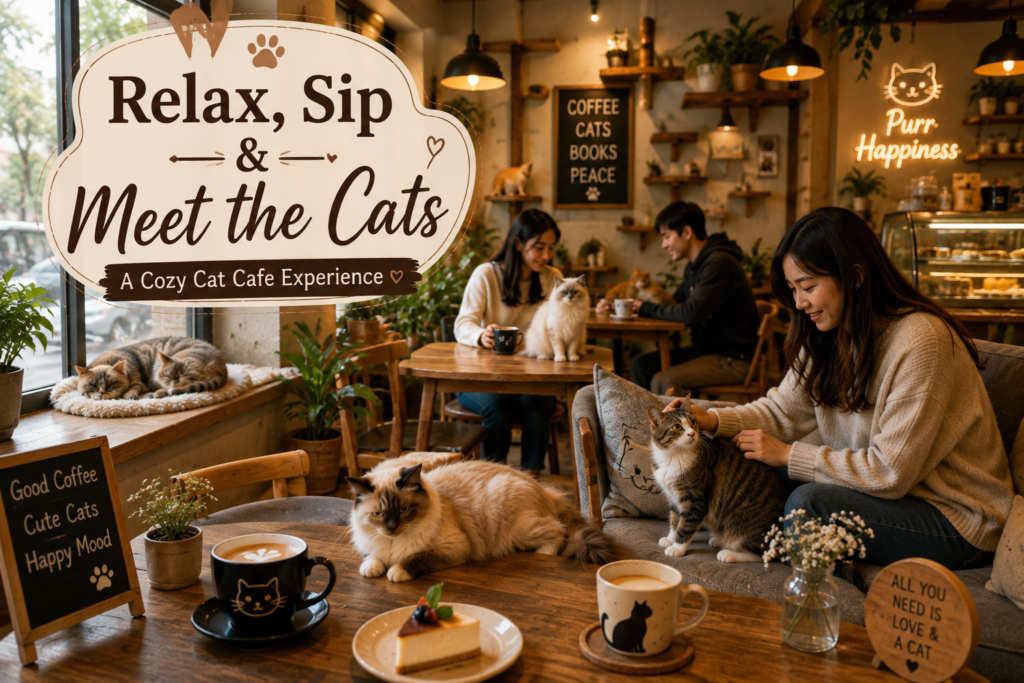 People relaxing with coffee and interacting with cats inside a cozy cat cafe