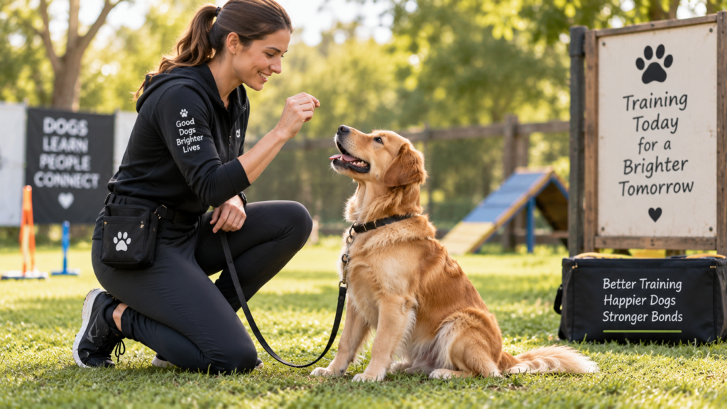 Professional dog trainer using positive reinforcement to train a dog with treats