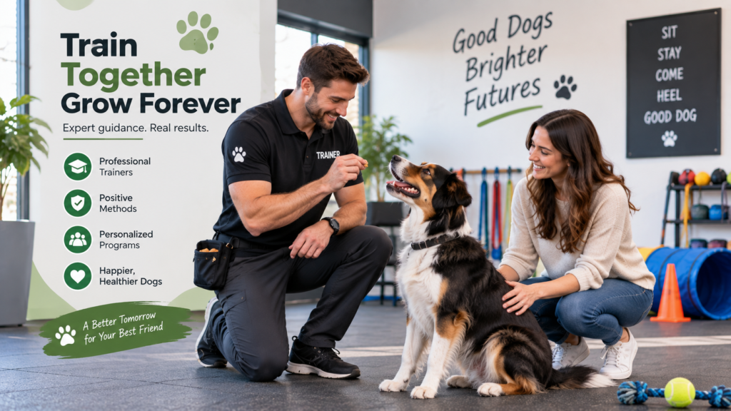 Qualified professional dog trainer consulting with a dog owner at a local training center