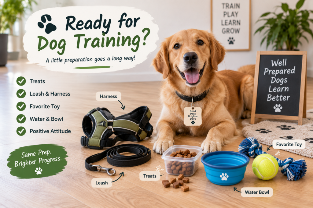 Dog training preparation checklist with treats, leash, harness, toy, and water bowl