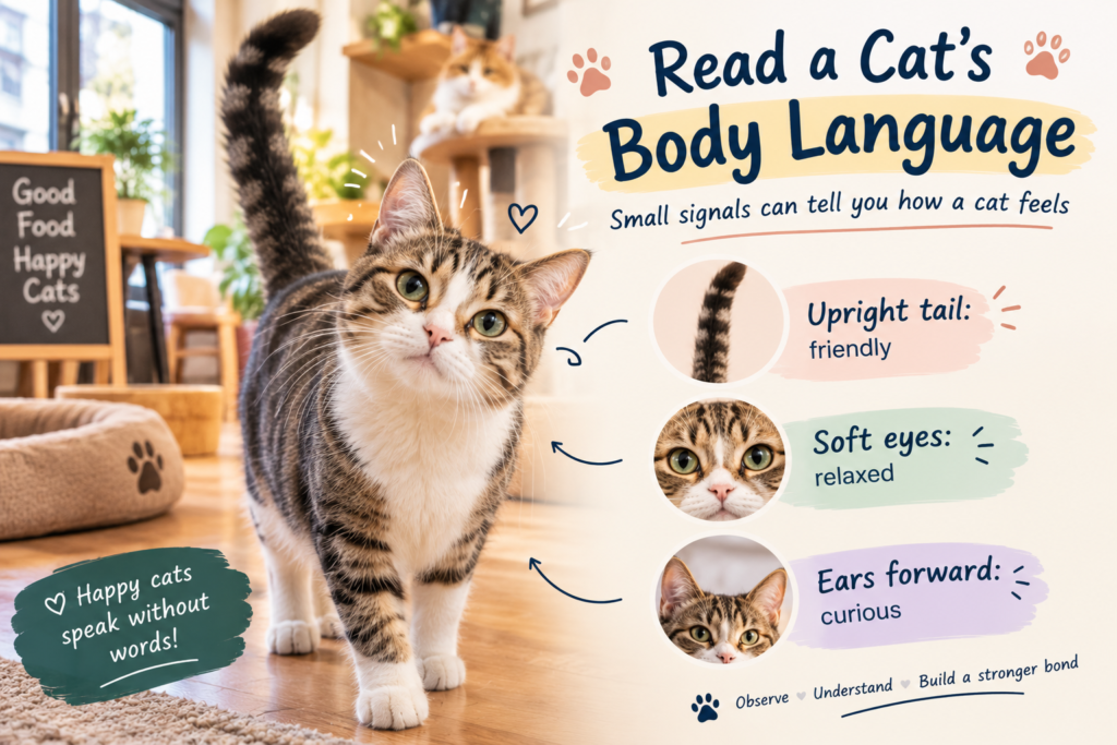 A cozy cat café with cute cats relaxing around visitors, warm lighting, and a welcoming atmosphere.