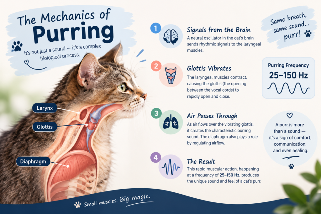 Illustration explaining how cats purr, showing the larynx, glottis, diaphragm, and purring mechanism